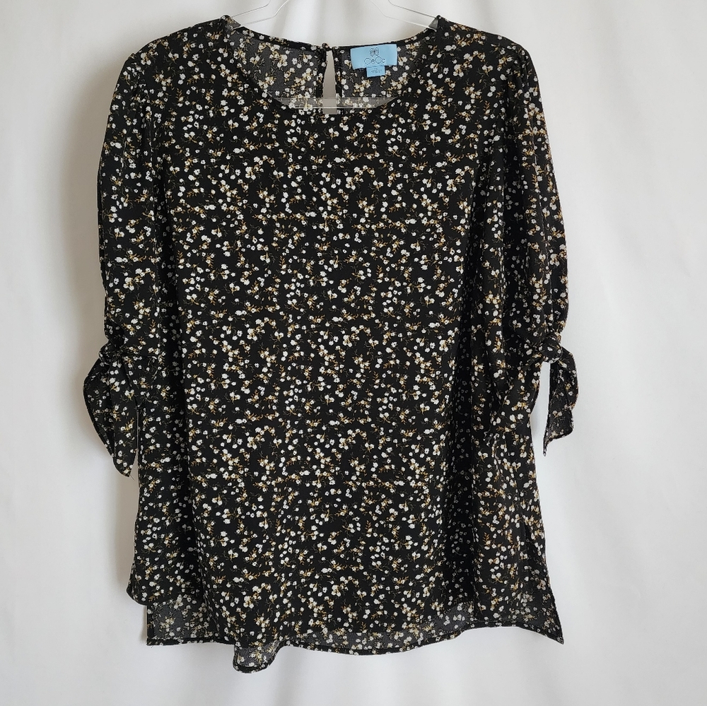 CeCe Black Floral Blouse with Tie Sleeves